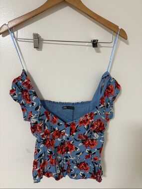 Zara Blue Floral Button-Front Camisole with Red Flowers